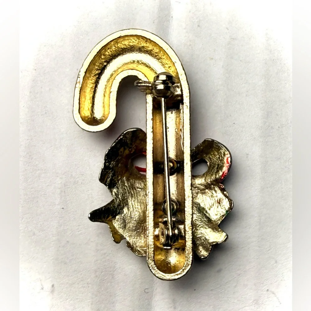 Vintage Rhinestone Candy Cane Brooch Christmas Pin Enamel Gold‎ Tone 70s 80s